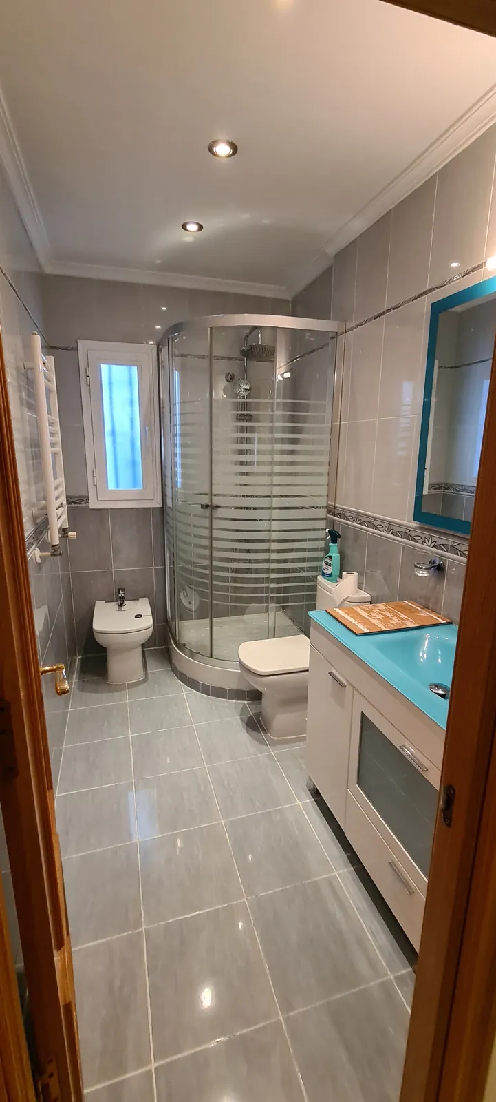 Baño antes de la reforma con mampara curva y alicatado gris
